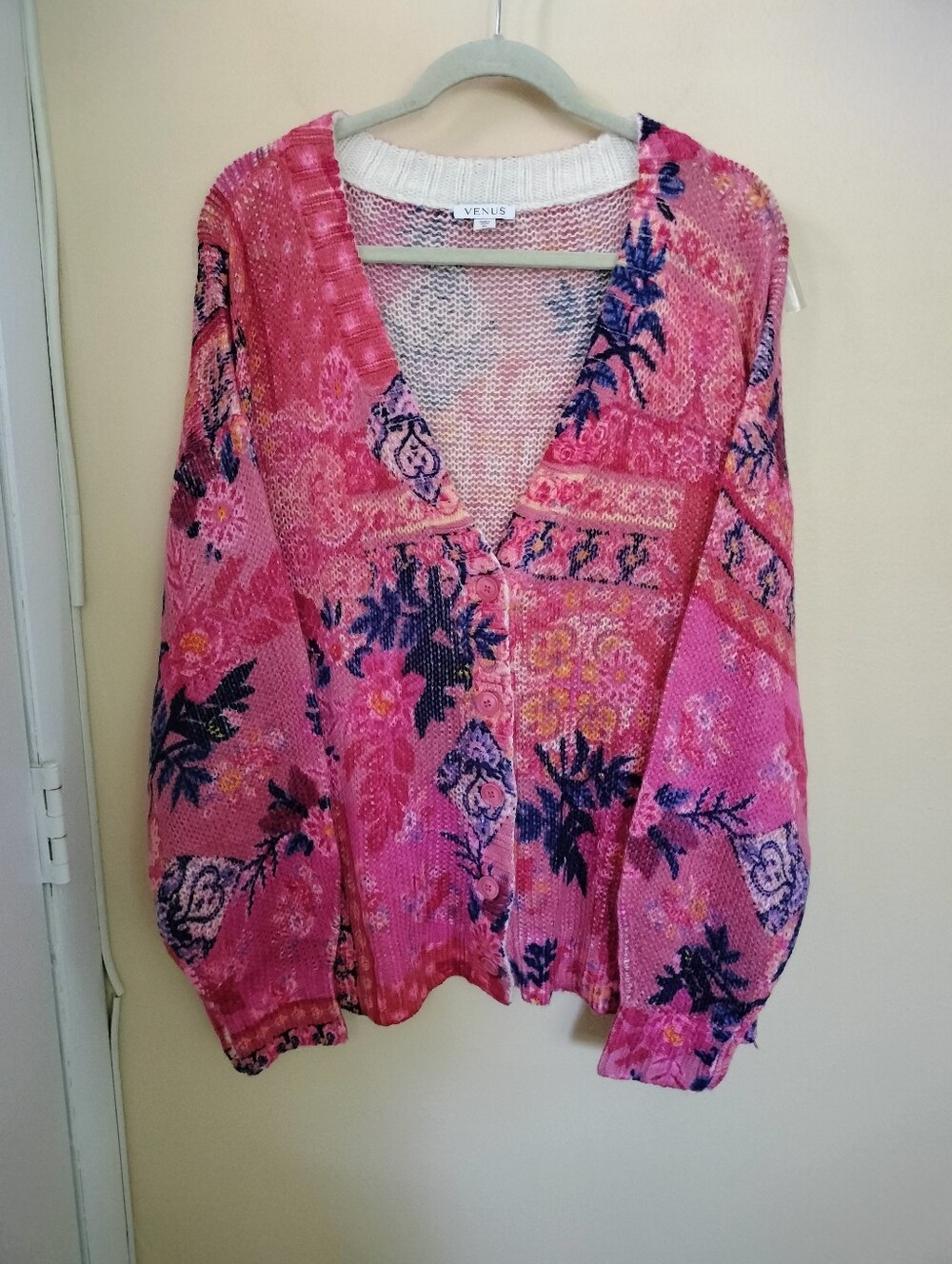VENUS Sunset Medley Lightweight Knit Pink Floral Oversized Cardigan XL Vacation
